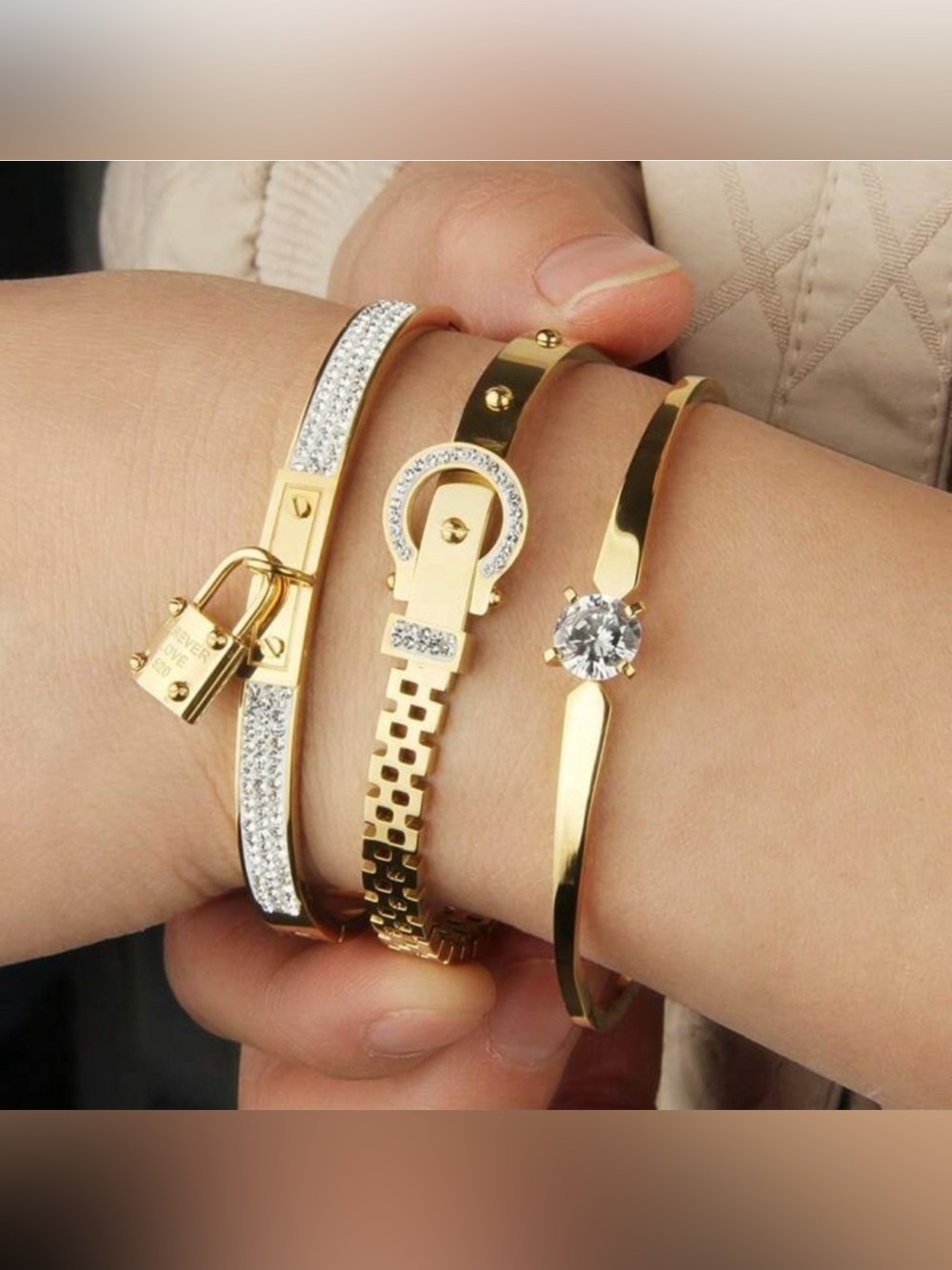 Gold Plated Stainless Steel 3-Piece Bracelet Set Lock,Buckle & Solitaire Design